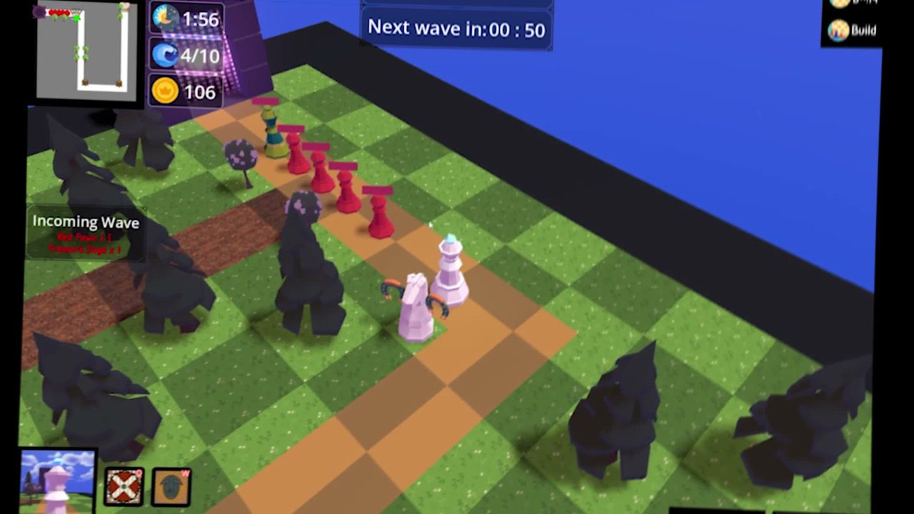 Queen's Vanguard: chess-piece towers holding off a wave