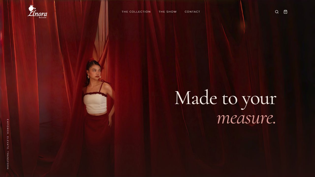Elnora Maison's front page: a model between red curtains, 'Made to your measure.'